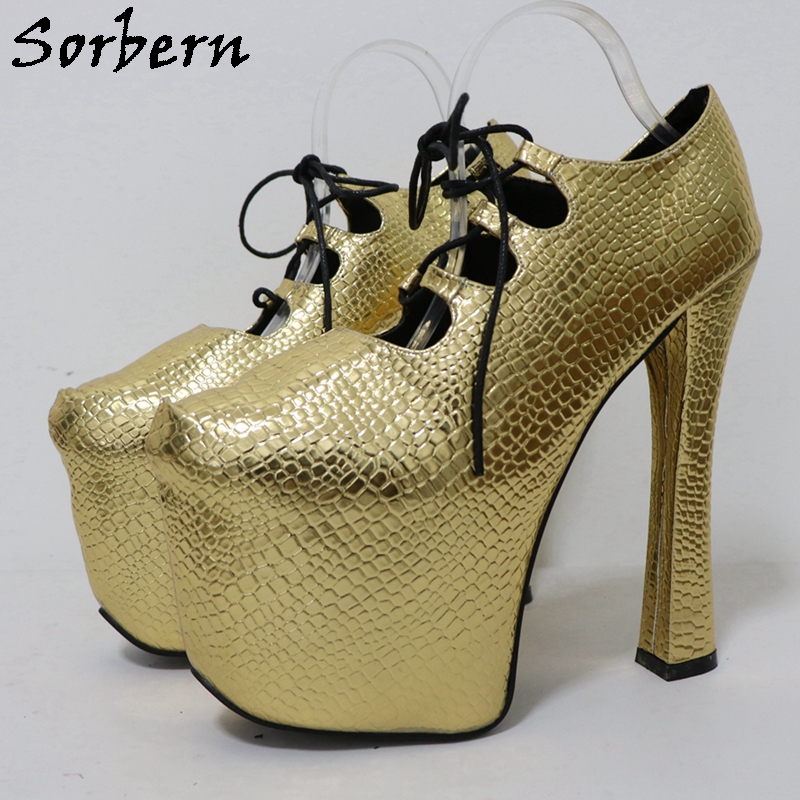 Pump Heel Block - Sorbern Gold Crocodile 20Cm Pompa Unisex