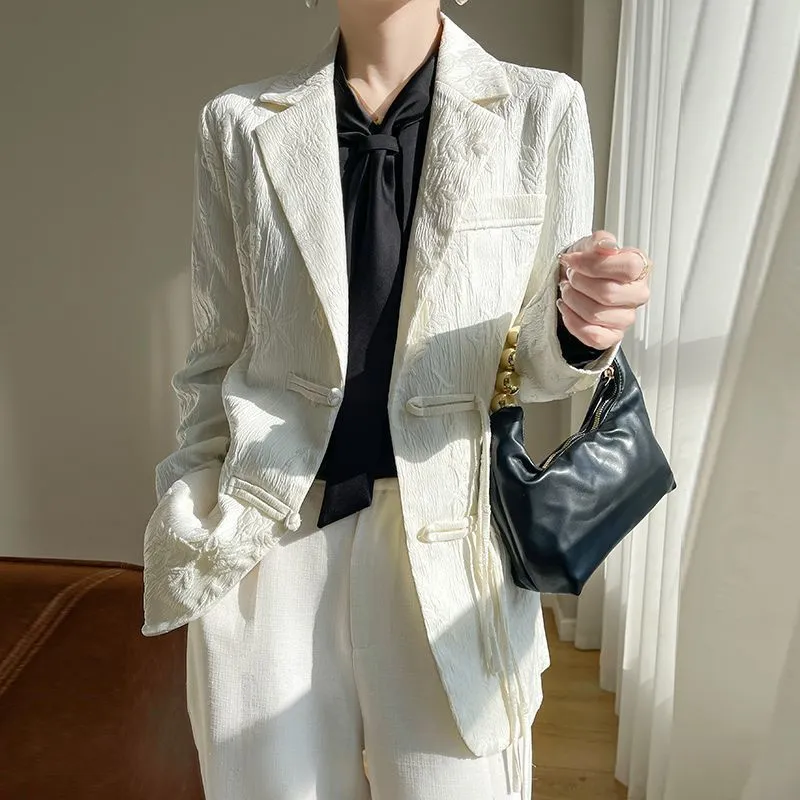Women Formal Wear With Blazer - Giacca blazer bianca testurizzata da donna
