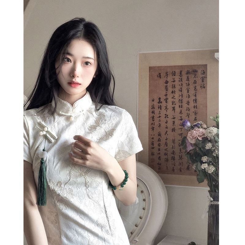 Young Women'S Formal Wear - Abito Qipao Bianco Tradizionale Cinese Estivo